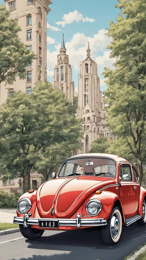 Draw caricature style, cartoon, The image shows a classic Volkswagen Beetle, parked in an outdoor environment. The car has a cream colored body with whitewall tires and red rims., demoted,which gives it a retro look. The background includes some modern bui...