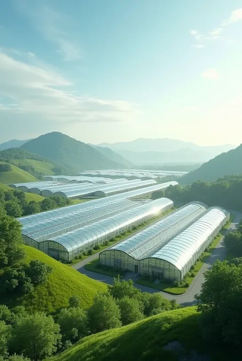 A landscape image of automated greenhouses 
