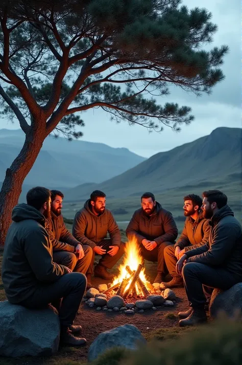 6 men sitting under a tree in Iceland and lighting a fire