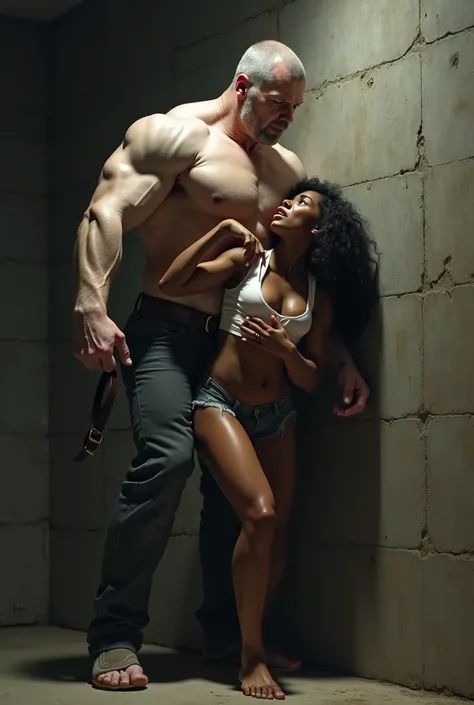 A white muscular man holding a black woman by her throat against a wall, and she shes holding  his hand while he has a belt in his other hand