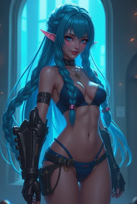 new, arcane, Jinew character from League of Legends, long neon blue hair in braids, Perfect small breasts, scantily clad, underwear, Sex woman, perfect hands, double hair braids, Braided hair, Minipistola, Juxtaposition of light& shadow, moody, intense, fe...