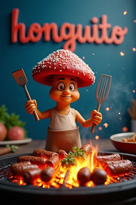 Realistic animated grill chef mushroom with grilling tools in orange with dark blue containing the word "honguito" roasting on a barbecue grill with chorizos and green chimichurri