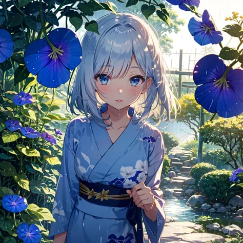 Score_9, Score_8_up, 1 girl, solo, outdoor, silver hair, side lock, blurred background, blurred, lips parted, blue eyes, looking at camera, (red yukata), (morning glory pattern), (lifting) flower: 1.4), depth of field, rain, Japanese garden, gravel, overhe...