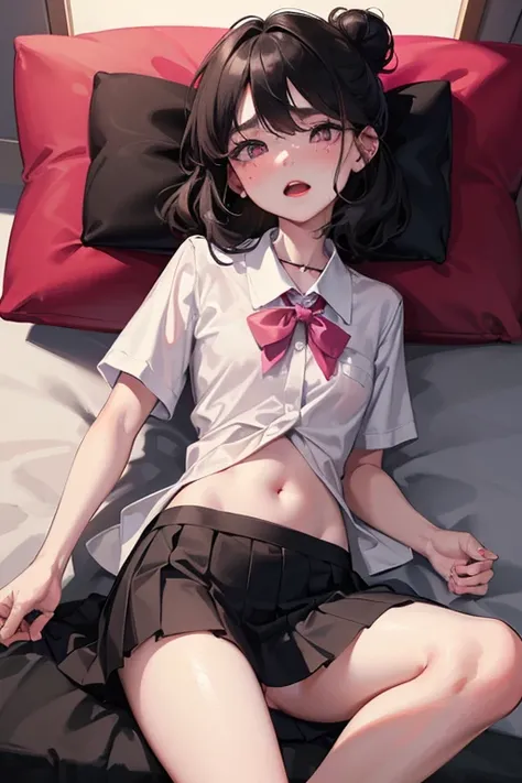 Chinese girl wearing black round glasses, short-sleeved school shirt, pleated skirt, messy black hair bun, pink heart-shaped eyes, small waist, lying on the bed at night, with warm light from the bulb, beautiful composition, taken by a professional photogr...