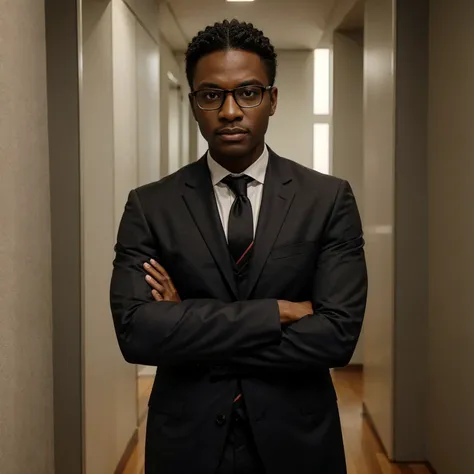 black male, wearing glasses, with arms crossed, serious face, using suit