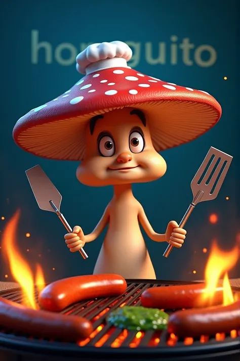 Realistic animated grill chef mushroom with grilling tools in orange with dark blue containing the word "honguito" roasting on a barbecue grill with chorizos and green chimichurri