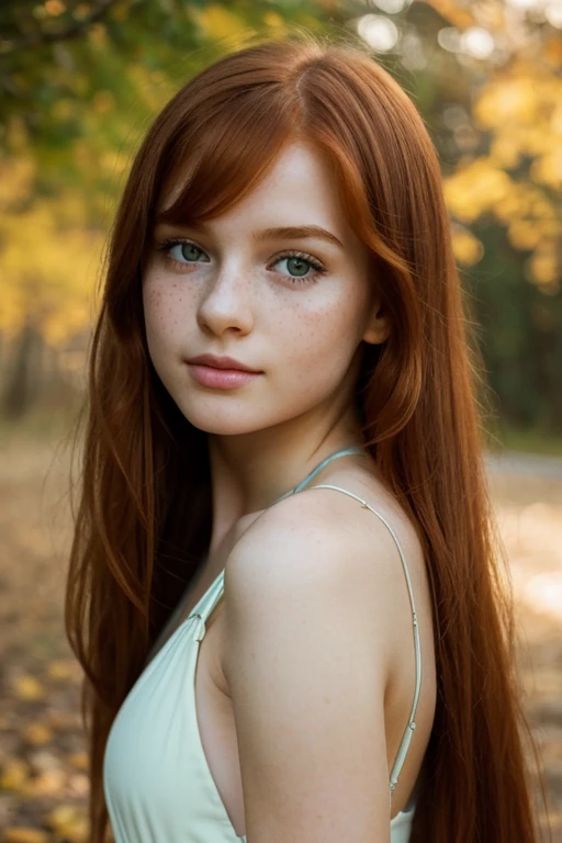 a young  girl, redhead, cinematic, the portrait showcases a young (redhead girl:1.3) with a shy and innocent demeanor, blueish e...