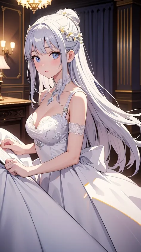 masterpiece、Highest quality、Very detailed、Beautiful lighting、Adult women、White Dress、Noble、palace、[[White Dress:2]]、I&#39;full of energy、smile、[[Big Breasts]]、Platinum Blonde、Long Hair