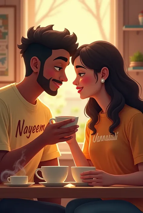 Nayeem and jannatul seating together. Nayeems shirt name is Nayeem and Jannatuls shirt name is jannatul and they are drinking tea 