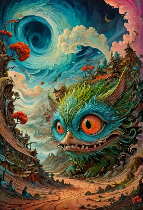 fantasy illustration, psychedelic art depicting an illusory, disturbed, abstract, ephemeral, elusive and unstable visual narrati...