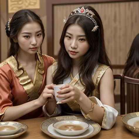 Close-up of a woman sitting at a table drinking coffee, palace ， Girl in Han Dress, A young woman like Genghis Khan, Beautiful oriental woman, Chinese women, Chinese Girl, Chinese Princess, an Asian woman, a young Asian woman, ancient Chinese Princess, Asi...