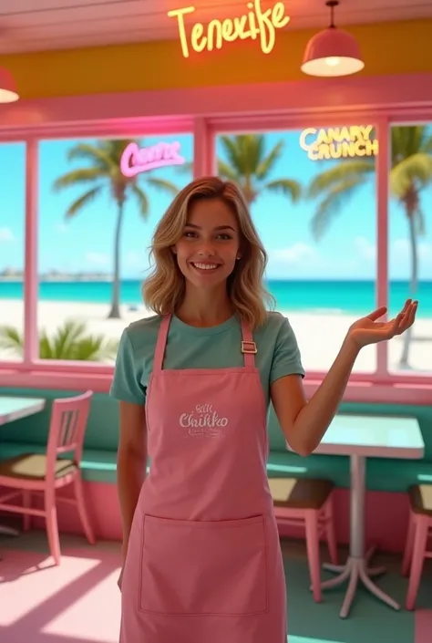 A highly realistic photograph of a young woman standing confidently in front of a vibrant, retro-themed fried chicken restaurant called Chicken Crunchers. The woman, in her early twenties, has bright, expressive eyes and a warm, inviting smile without show...