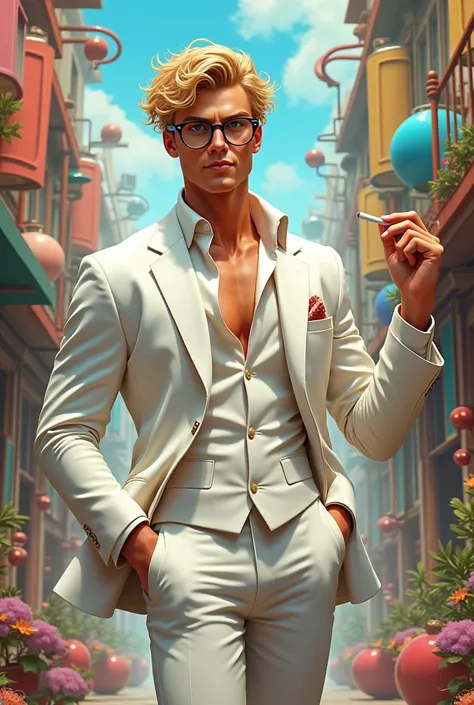 "A handsome man with curly blonde hair and a mischievous smile, wearing round glasses, a crisp white suit, and matching white pants. He is holding a cigarette and posed dynamically in various stances. The background is a whimsical urban city landscape, fil...