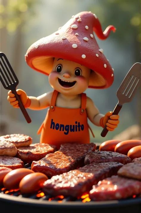 Realistic animated grill chef mushroom with grilling tools in orange with dark blue containing the word "honguito" roasting on a barbecue grill with chorizos, ribs and roast beef