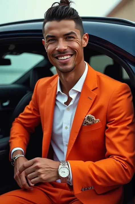 footballer ronaldo coming out from his mercedes car weaing rolex watch on his wrist ,giving stylish pose,he is in suit colred vibrant,weaing pant ,weaing neck tie ,with smily face remember rolex watch should be dominating in photo.