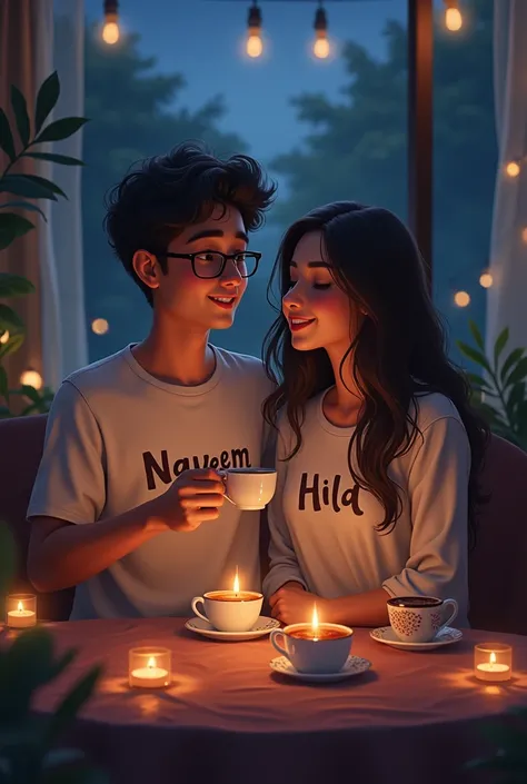 Nayeem and jannatul seating together. Nayeems shirt name is Nayeem and Jannatuls shirt name is Jannatul and they are drinking tea in the night 