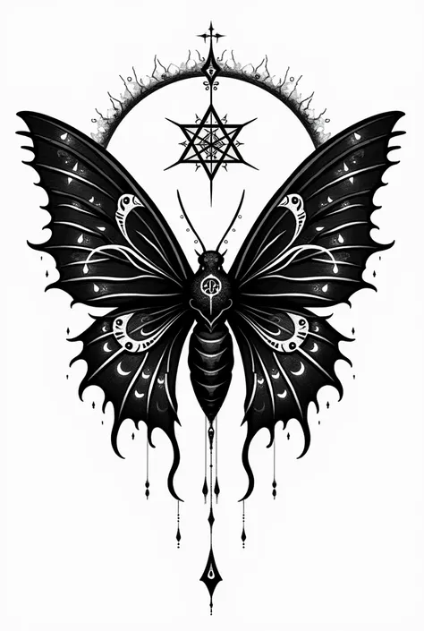 scared night butterfly with black and white color, tattoo, gothic, sacred geometry moth, square format, no background, png, graphic, toxic style, logo, used for studio