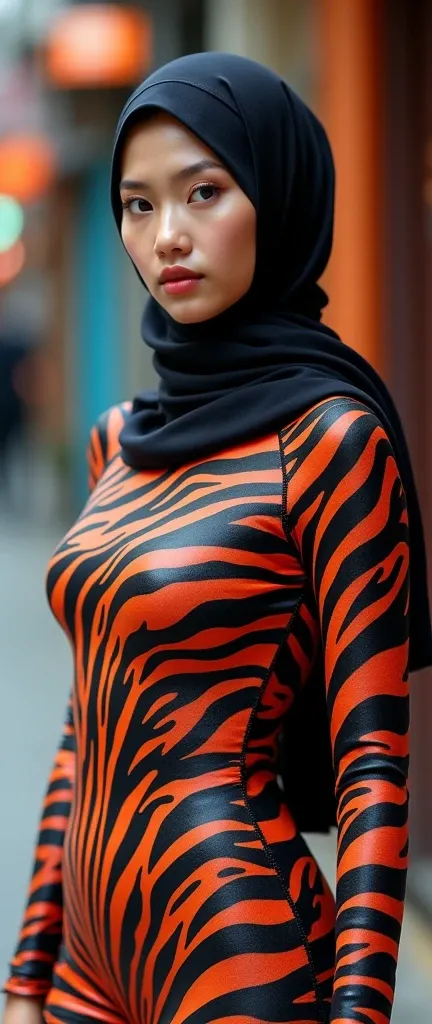 a most beautiful Asian muslimah woman named Cikgu Norzamani with zebra leopard print hijab wears zebra leopard print unitard catsuit.She always wear zebra leopard print hijab.