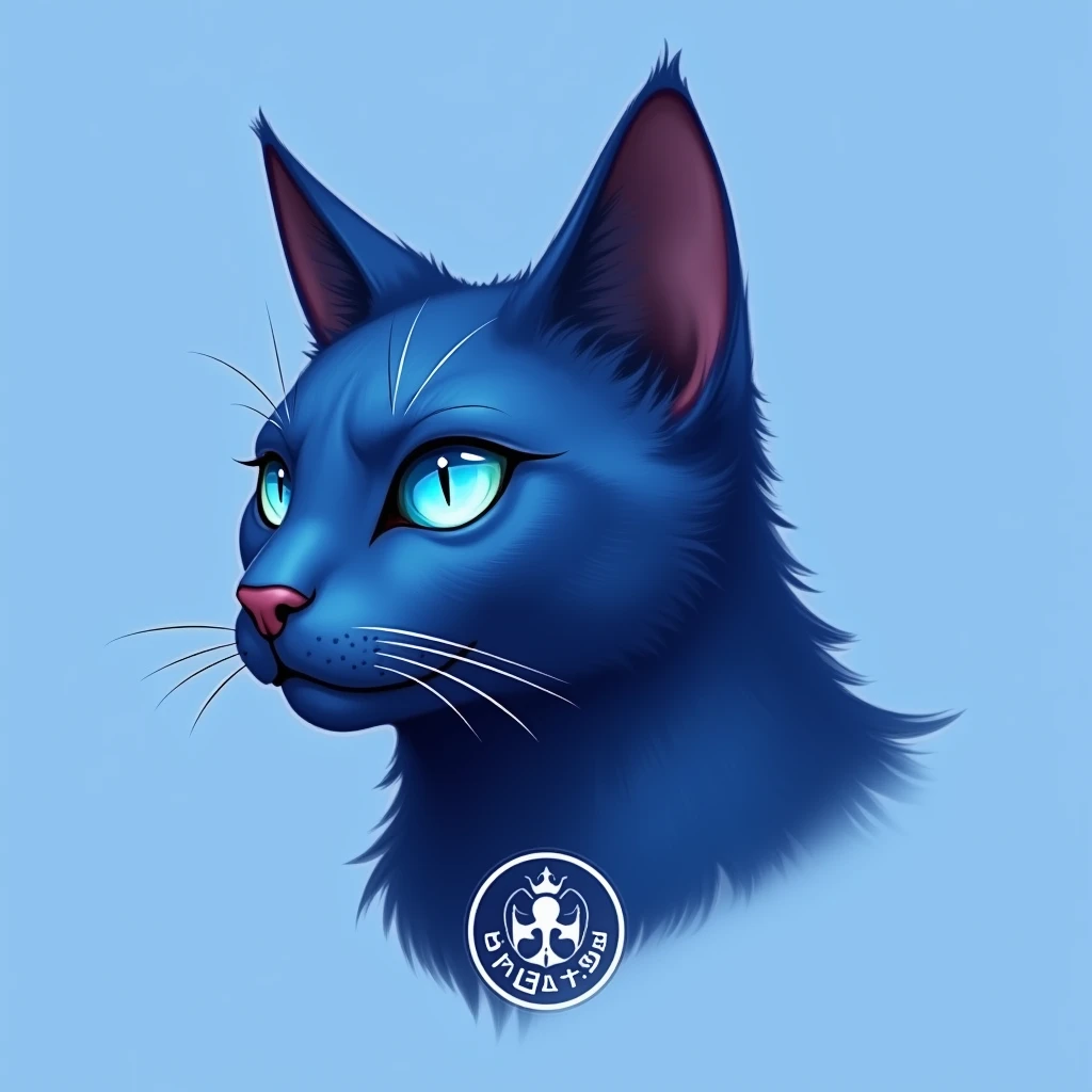 blue cat, cat inu, light blue background, head only, noble, bright blue eye, round logo, 