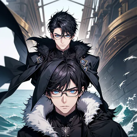 Masterpiece, High quality, Portrait, anime style, Sole seller,3 young man, หน้าตาhandsome, glowing eyes, Tall anime guy with blue eyes., black short hair, ((blue eyes)),Wearing silver-rimmed glasses, ((short black hair)), [Thick eyebrows], ((black long coa...