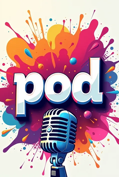 Background with bright colors and in the center written Pod without an accent on the word pod and then separate and place written in PORTUGUESE the word Army below in capital letters, withouth People, for a podcast cover, put a cartoon style microphone und...