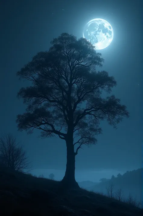 Night full moon at long with tree at dark 