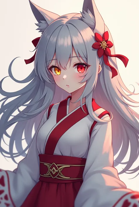 Anime、Japanese style、Gray Hair、Long Hair、Fluffy hair、Let your hair down、Right eye is red、Left eye is yellow、White and red clothes