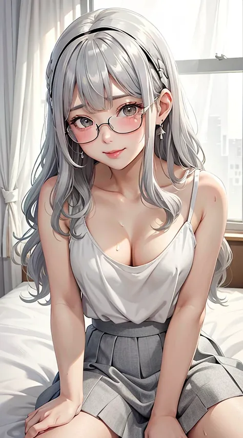 1Girl, Solo, Anime, Ideal body, down blouse, (Small breast:1.1), (Hard nipples:1.1). Beautiful, Gorgeous, Fresh, Blunt Bangs, (White Grey Hair:1.5),(Straight and Wavy Long Hair:1.3), casual, eyeglasses, skirt, Comfort, cotton Texture. (Sit on bed:1.3). Ear...