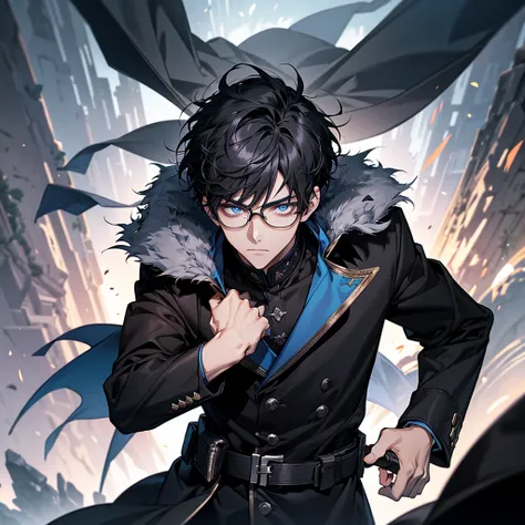 Masterpiece, High quality, Portrait, anime style, Sole seller,3 young man, หน้าตาhandsome, glowing eyes, Tall anime guy with blue eyes., black short hair, ((blue eyes)),Wearing silver-rimmed glasses, ((short black hair)), [Thick eyebrows], ((black long coa...