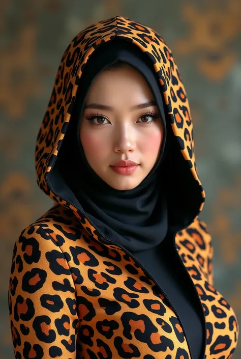 a most beautiful Chinese Asian woman named Cikgu Norzamani with zebra leopard print hijab wears zebra leopard print unitard catsuit.She always wear zebra leopard print hijab-like hood.