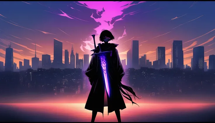 Yuki Tanaka, determined expression and holding glowing ancient dagger, Tokyo skyline silhouette at dusk, anime neo-noir style like Death Note, dramatic backlighting creating a striking silhouette, gradient of deep purples and oranges with the dagger emitti...