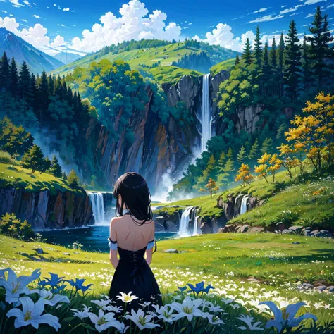 (masterpiece,8k wallpaper, best quality),(best illumination, best shadow, an extremely delicate and beautiful),
A girl with long black hair sits atop a wooden pole,surrounded by white lilies and green grass. In front lies an endless valley filled with wate...