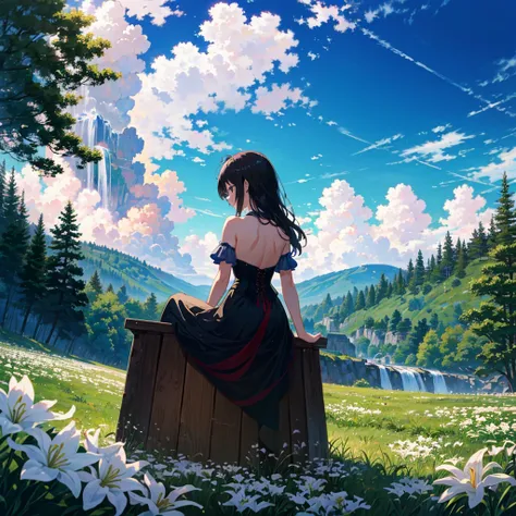 (masterpiece,8k wallpaper, best quality),(best illumination, best shadow, an extremely delicate and beautiful),
A girl with long black hair sits atop a wooden pole,surrounded by white lilies and green grass. In front lies an endless valley filled with wate...