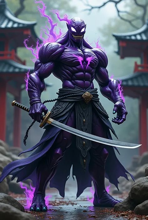 Draw a fusion of Venom and a Japanese samurai。High proportion of Frieza。Super Saiyan、Purple、Japanese sword