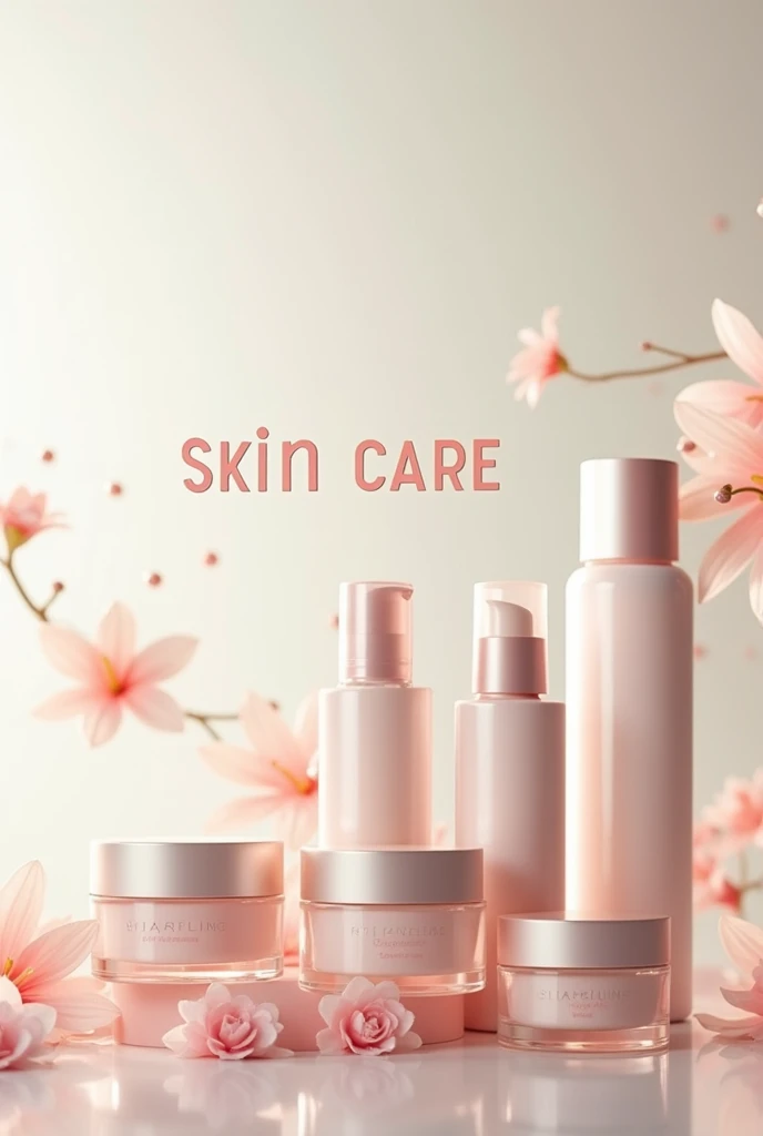 Design an elegant image featuring a collection of high-end skincare products arranged centrally. Include items like moisturizers, creams, and lotions with sleek, modern packaging. Place the products against a clean, minimal background, allowing the focus t...