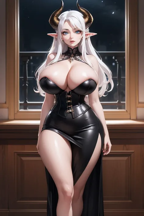 (masterpiece, best quality, perfect face, (beautiful and aesthetic:1.2), extremely detailed, highest detailed face), (beautiful girl, (long white hair:1.4), (vivid golden eyes:1.2), (pale skin:1.2), (black horns:1.2), pointy ears, (fake breasts:1.2), huge ...