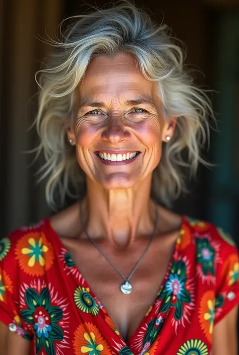 Redneck woman, 50 years old with strand in the air. And colored dress.
Smiling