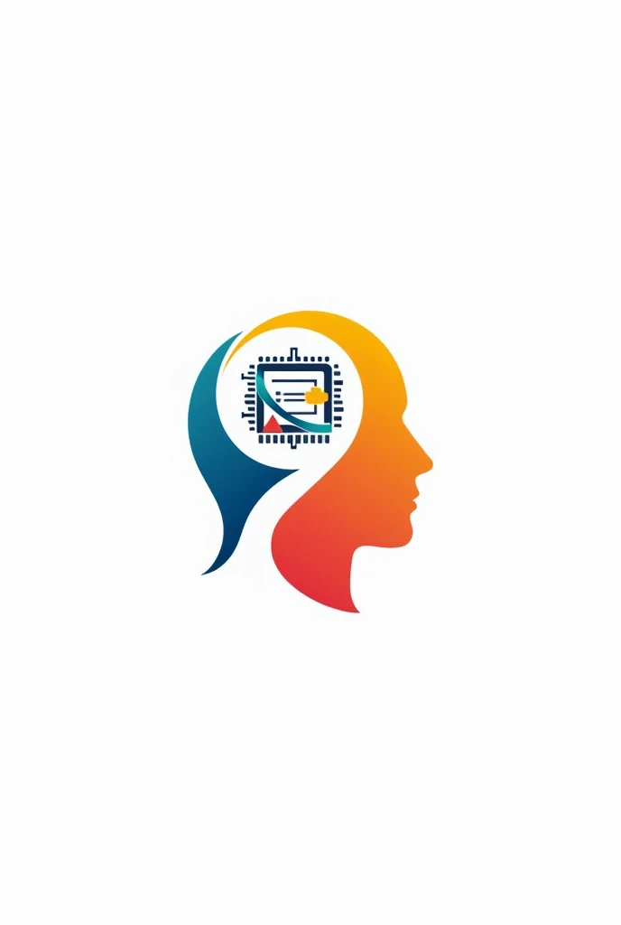 Create a logo image on a white background that includes a human head, DNA symbol and a well-defined computer chip, using yellow, blue and red colors