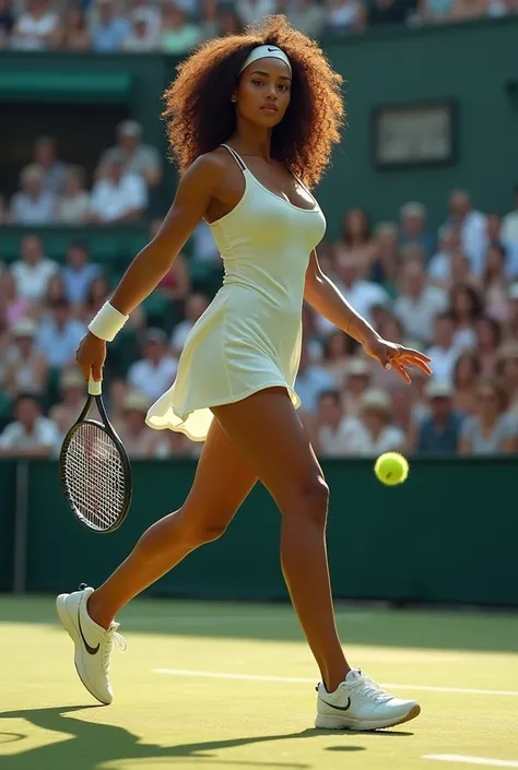 (RAW photos, top quality, realistic, photorealistic: 1.3, professional lighting, masterpiece, A  beautiful girl playing tennis, shes wearing a white  short skirt, she has large breast and curly brown hair, her dress is low cut revealing clearage, she is we...