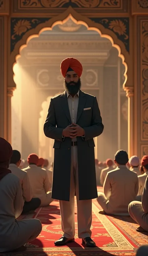 Inside a beautifully adorned Gurdwara, a Sikh parbandak, responsible for the management of the Gurdwara, stands with a dignified presence. He wears a traditional turban and formal attire, with his beard distinctly colored in a natural black shade. He overs...