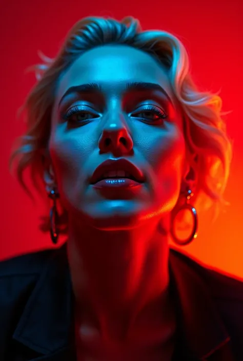 Portrait of Madonna with blue amber lights illuminating most of it and lights coming from below in a studio with an empty red background studio lights