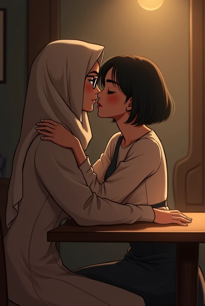 beautiful 35 yo indonesian hijab teacher wearing glass,pajama,pale eyes,sat on the table,hug from.behind by a 20 yo woman,,short hair,wearing longdres,kissing,front view