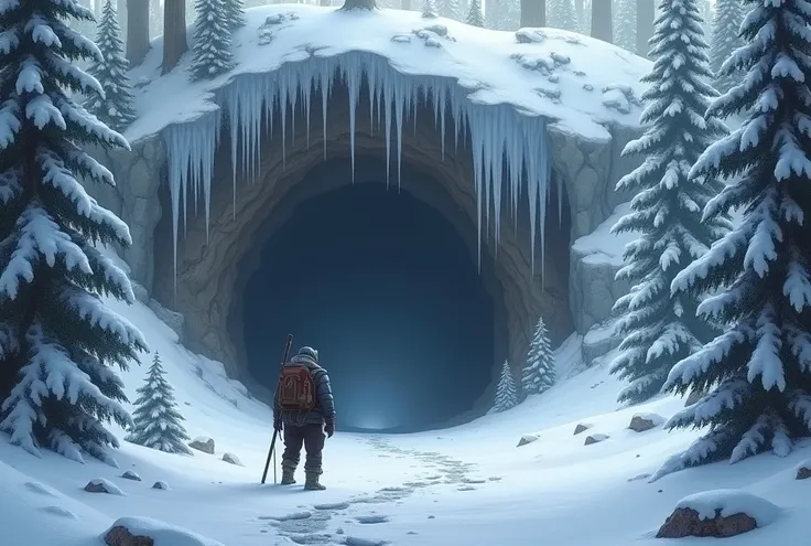 entrance to a cave in a snowy forest
