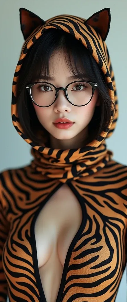 a most beautiful Chinese Asian woman named Tiaw Li Yin with a pair of glasses wears zebra leopard print unitard catsuit.She always wear zebra leopard print hijab-like hood.