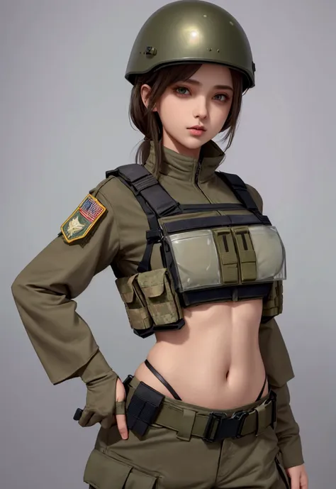 girl in crop top military bulletproof vest , military green cargo pants, belt, military helmet, tactical, (open navel), see thro...