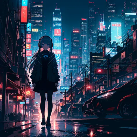 (masterpiece,8k wallpaper, best quality),(best illumination, best shadow, an extremely delicate and beautiful),
1girl,blue eyes,building,city,city lights,cityscape,cyberpunk,headphones,holographic interface,jacket,long hair,long sleeves,neon lights,night,s...