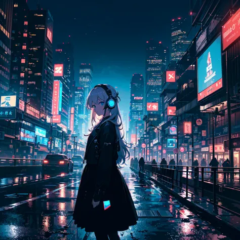 (masterpiece,8k wallpaper, best quality),(best illumination, best shadow, an extremely delicate and beautiful),
1girl,blue eyes,building,city,city lights,cityscape,cyberpunk,headphones,holographic interface,jacket,long hair,long sleeves,neon lights,night,s...