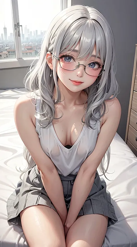 1Girl, Solo, Anime, Ideal body, down blouse, laced blouse, oversize, loose. (Small breast:1.1), (Hard nipples:1.1). Beautiful, Gorgeous, Fresh, Blunt Bangs, (White Grey Hair:1.5),(Straight and Wavy Long Hair:1.3), casual, eyeglasses, mini skirt, Comfort, c...