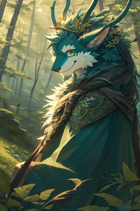 High-quality illustrations, masterpiece, absurdres, super high resolution, detailed background, forest, Druid costumes, Happy, joyful, Relux(Travel photos)perfect anatomy(kemono, furry anthro, Druid  clothing)cinematic lighting, beautiful shadow, dynamic a...