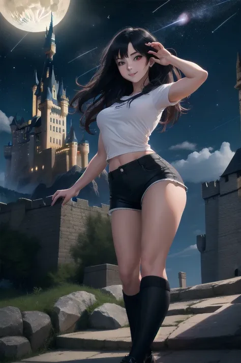 Highly detailed, High Quality, Masterpiece, beautiful, 1girl, solo, black hair, long hair, red eyes, shirt, white shirt, shorts, short shorts, black shorts, cloud, moon, Hogwarts, (castle hill:1.4), night sky, stand on street, shooting star, (strong pose:1...